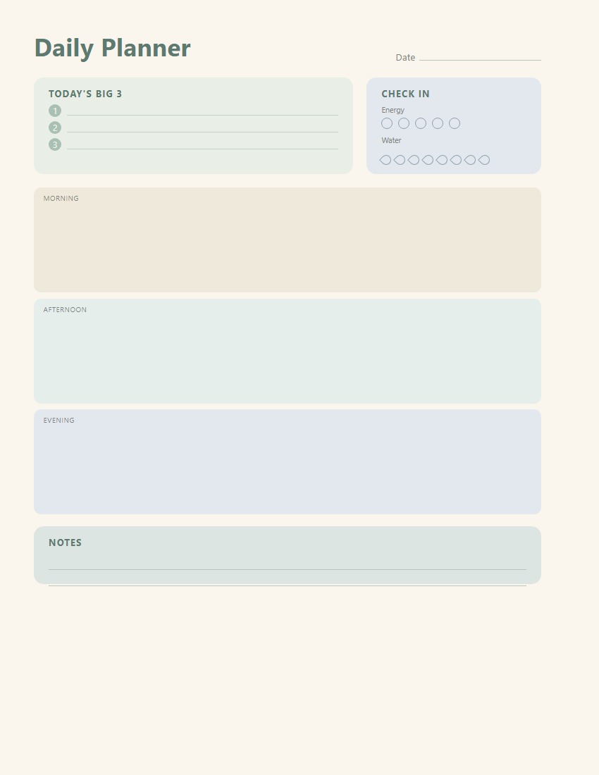 Daily planner page split into morning, afternoon and evening instead of hourly slots