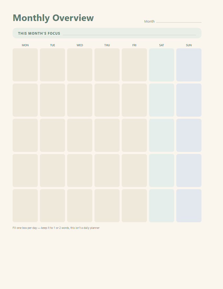 Monthly overview grid page for tracking the shape of a month at a glance