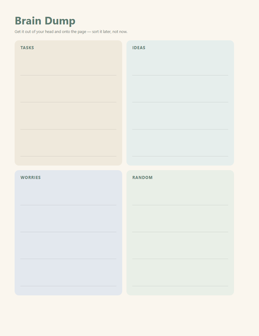 Brain dump page with columns for tasks, ideas and random thoughts