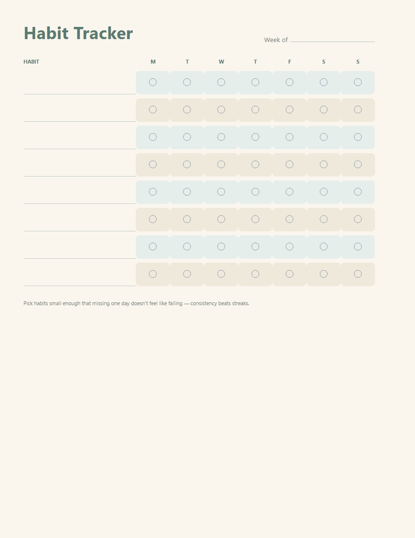 Habit tracker page with a simple 7-day check-off grid, no streak counter
