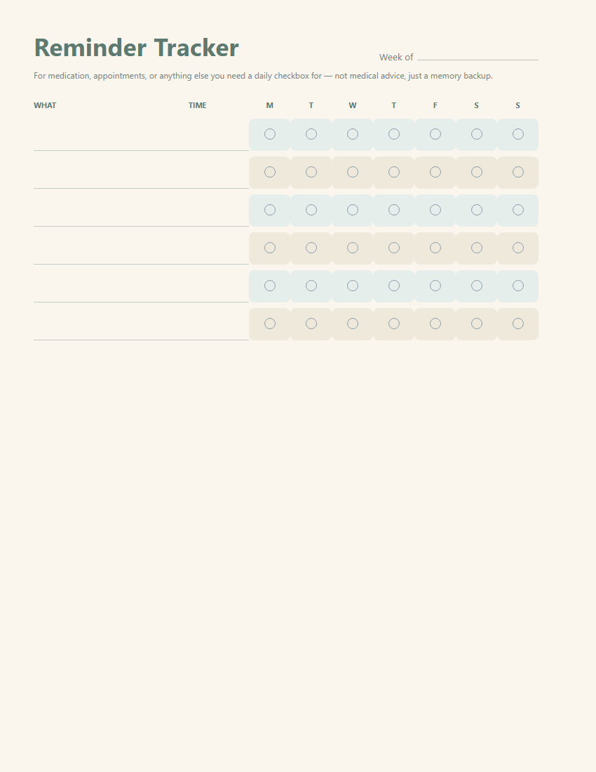 Reminder tracker page for medication, appointments and easy-to-forget tasks