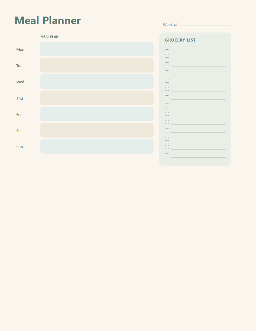 Meal planner page for the week's meals