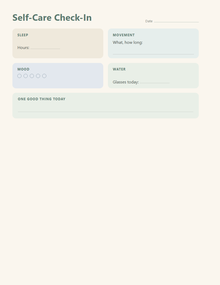 Self-care check-in page for sleep, movement, water and mood