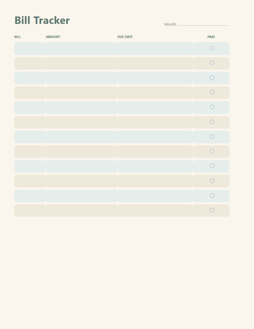 Bill tracker page with due dates